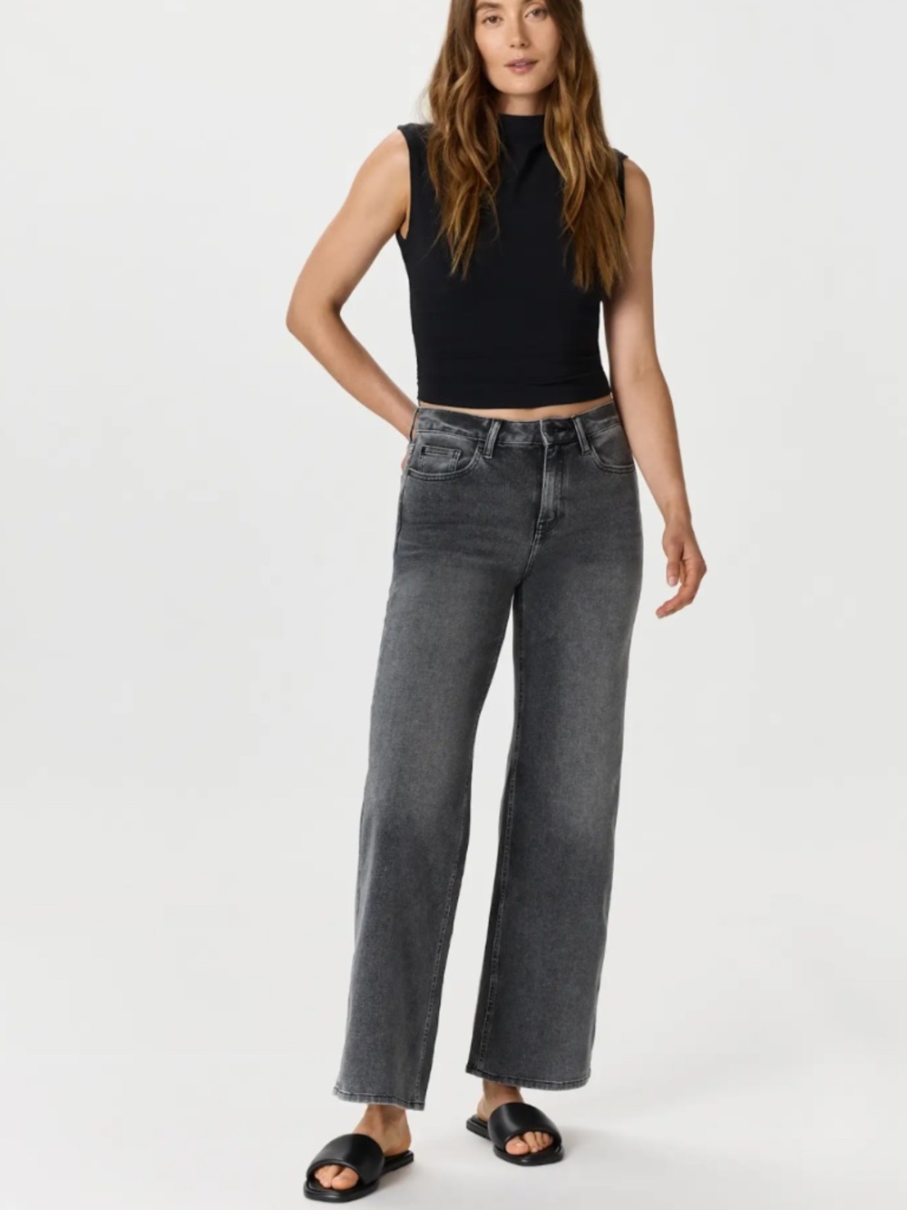 Quince Bella Stretch Wide Leg Jeans Long 32" inseam Greyed Out Size 27  Cotton
